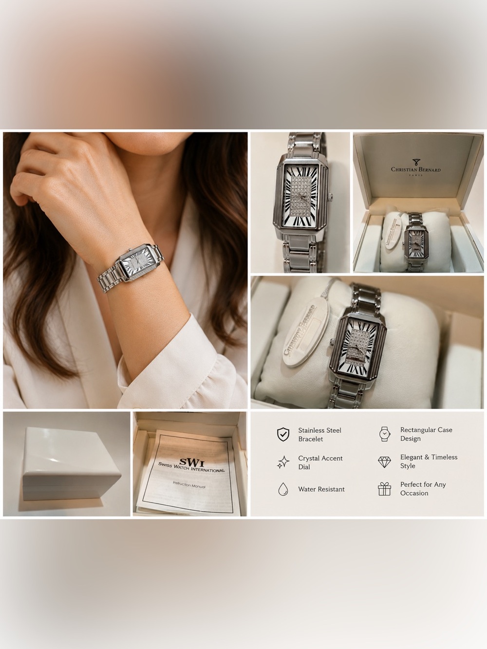 Christian Bernard Paris Women's Crystal Accent Rectangular Watch NIB Swiss Watch